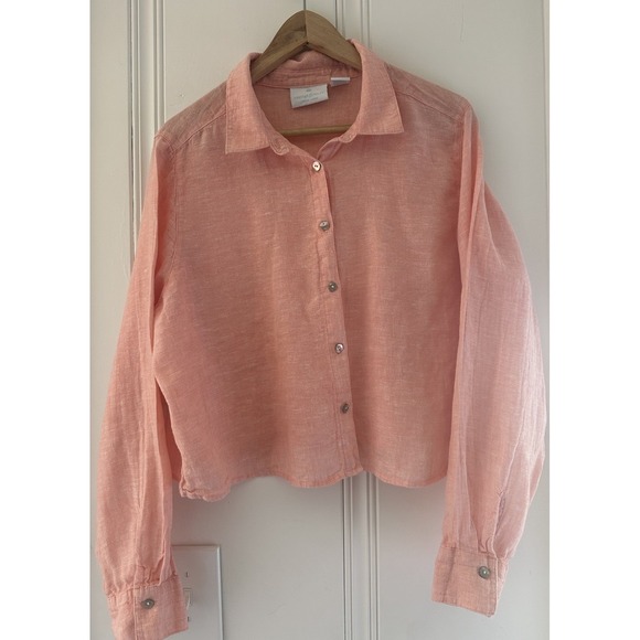 Cynthia Rowley Tops - Cynthia Rowley 100% Linen Shirt Womens XL Coral Pink Cropped Button Down